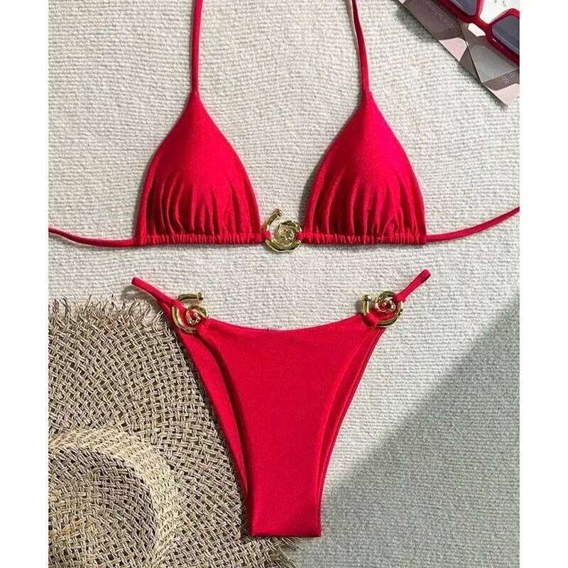 Metal Micro Swimwear Women Sexy Lace Up Triangle Halter High Cut Thong Bikini 2025 New Beach Bathing Suit 2 Piece Set Y260303