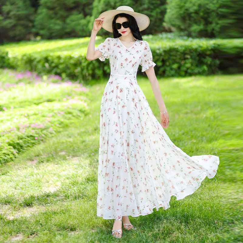 V-Neck Dress Youthful Slim-Fit Elegant Gown Fashionable Casual Beach Maxi Dress M260304