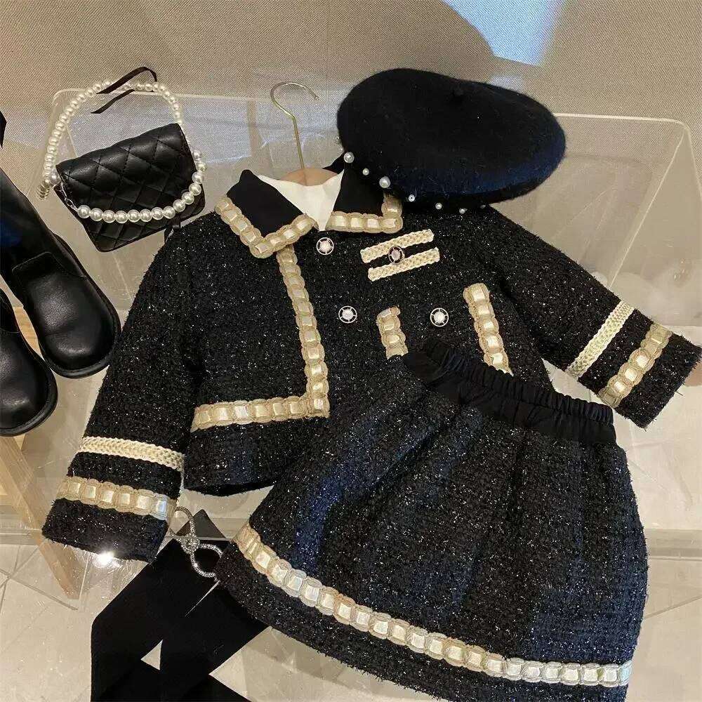 New Girl 2 Piece Tweed Set Winter Suit Clothes for 1-10Years Children's Cotton Padded Jacket Coat+Skirt Kids Classic Outfits Z260304