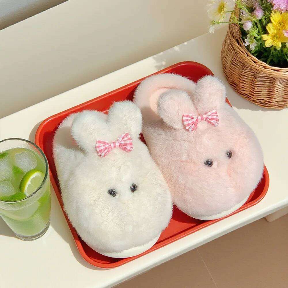 Women Indoor Cotton Slippers Cute Cartoon Rabbit Winter House Shoes Woman Home Floor Fluffy Slides Warm Plush Anti-slip Footwear