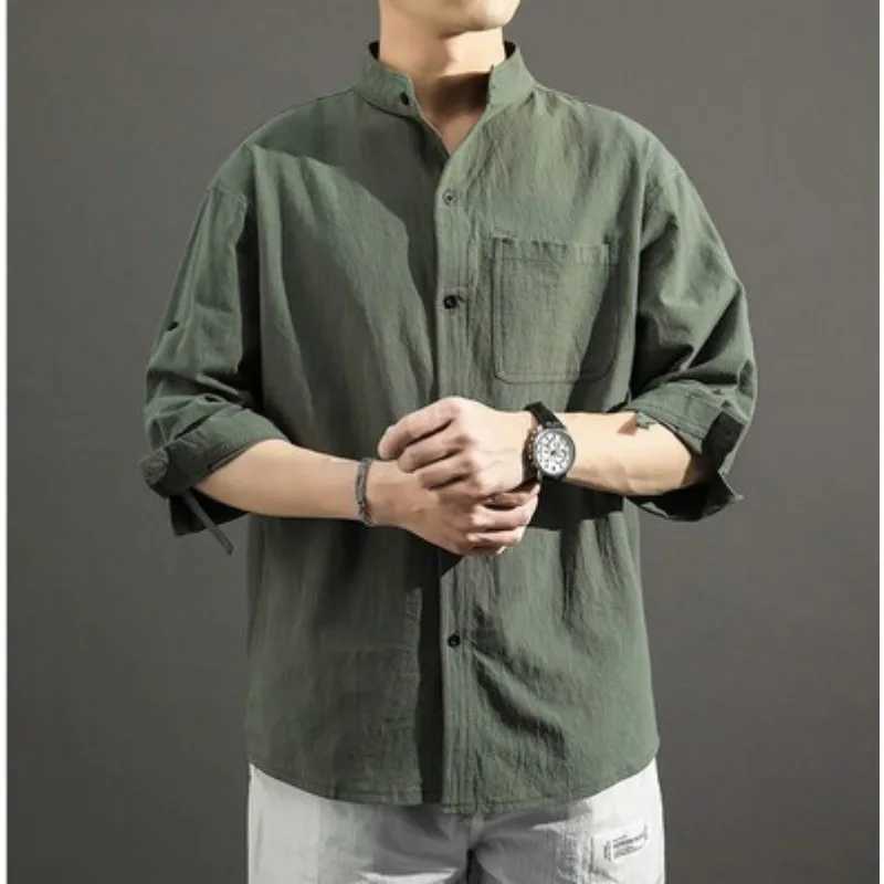 New Summer Linen Shirt for Men Seven-quarter Sleeve Loose Casual Stand Collar Cotton Linen Trendy Shirt M260305