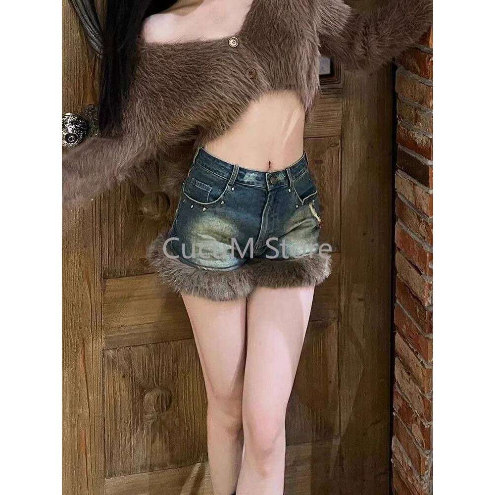 American Washed Fluffy Rivet Jeans Shorts for Women Autumn Winter New Denim Y2k E-Girl High Waist Hot Short Pants XJ260305