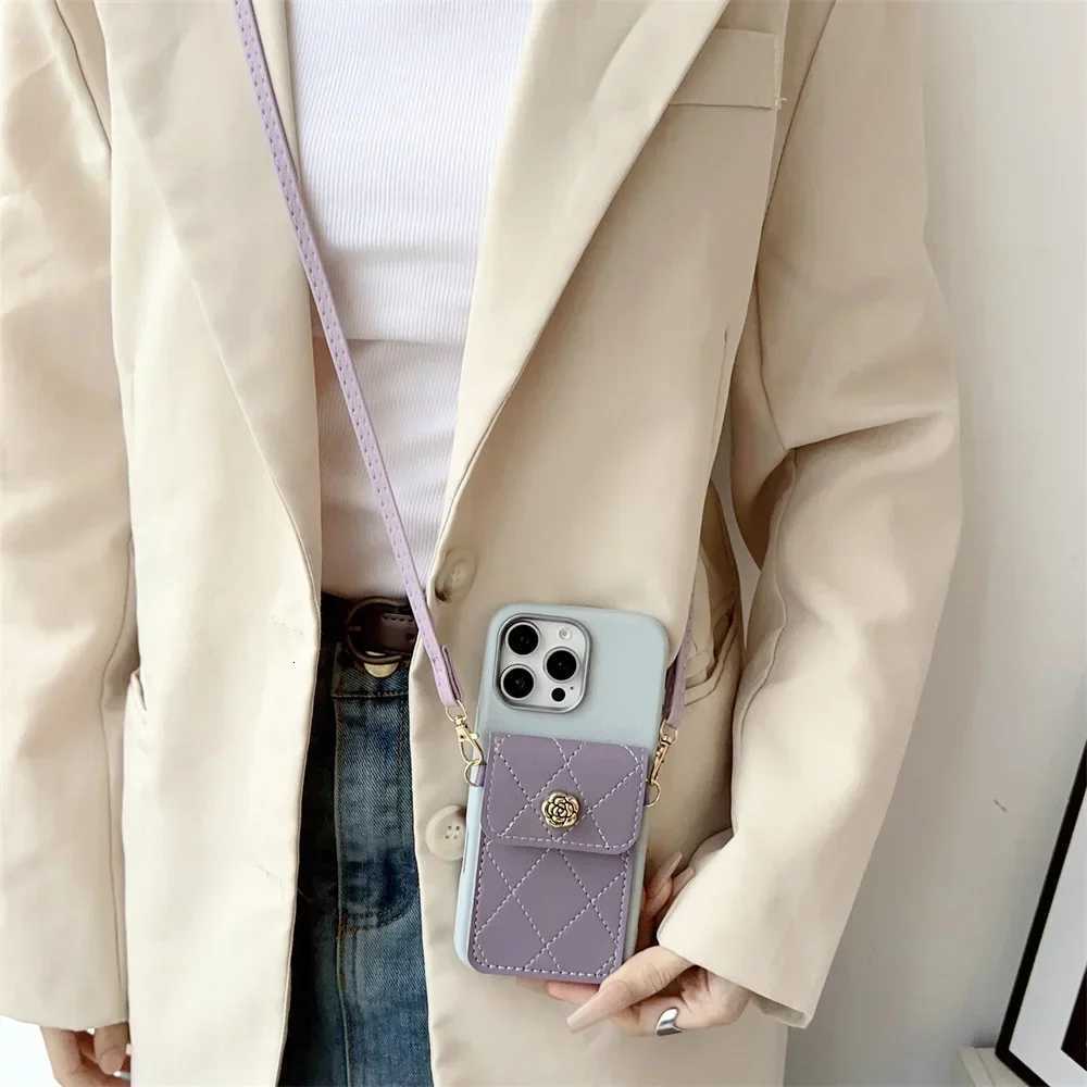 Luxury Quilted Camellia Crossbody Wallet Case for Galaxy A14 A24 A34 A54 A15 A25 A35 A55 5G 4G Adjustable Lanyard & Card PocketT260305