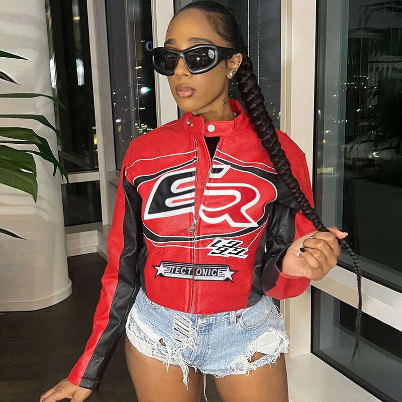2024 Autumn Winter New Cross-Border European and American Foreign Trade Sexy Crop Zipper Top Color-Block Embroidery Short Fashion Jacket