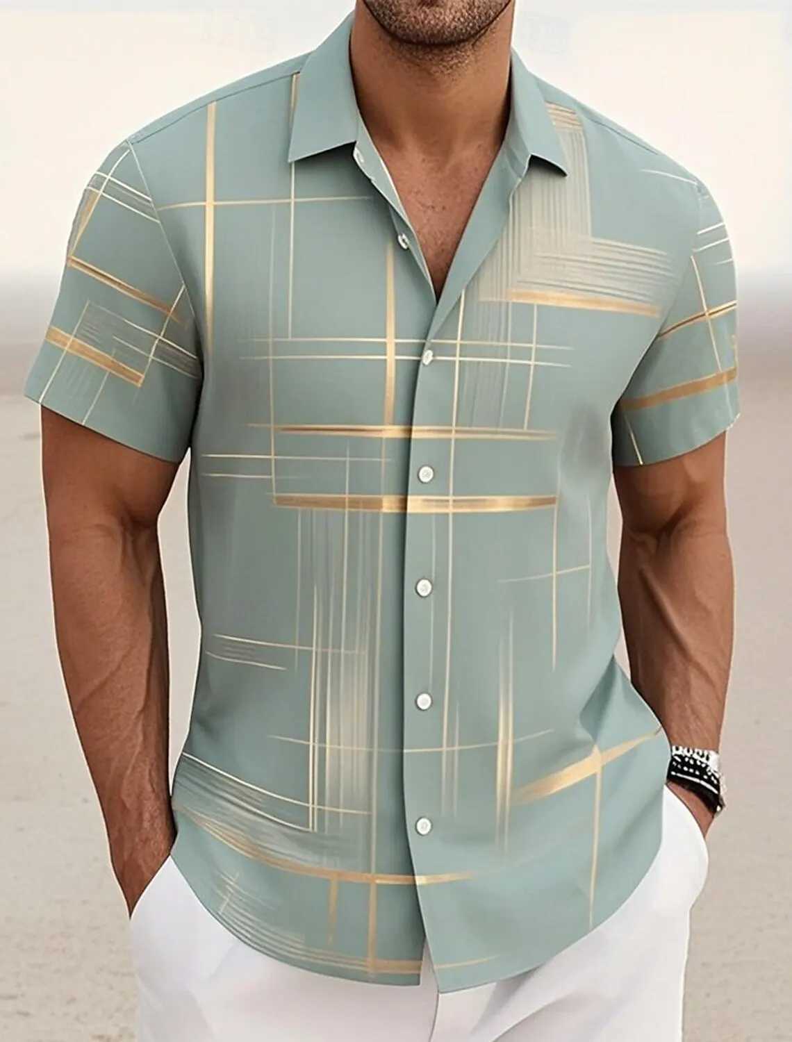 Summer Mens Geometric Grid Plaid Shirts Short SleeveTurndown Hawaiian Shirt Button Up Shirts No Pockets Shirts M260305