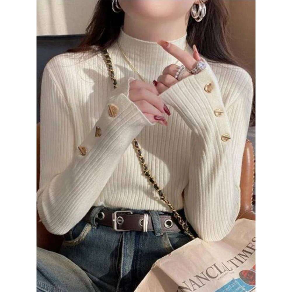 2025 Pullovers Women Autumn Winter Knitted Slim Sweaters Solid Button Full Sleeve Half High Collar Sweater Female Casual Tops XJ260305