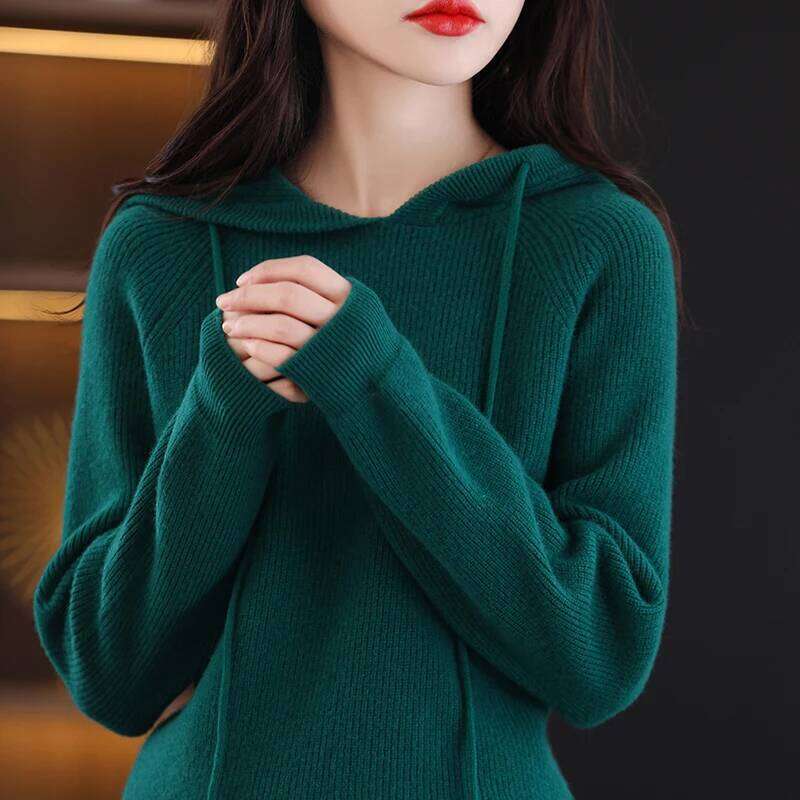 100% Merino Wool Women's Autumn Winter Casual Long Sleeve Soft Cashmere Knitted Hoodie Sweater Pullover Korean Female Clothing XJ260305