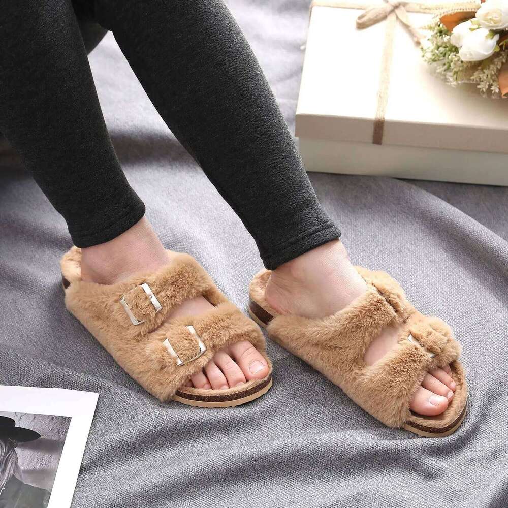 Kidmi Women's Fuzzy Footbed Fluffy Slide Sandals Classic Indoor House Shoes Fashion Cork Open Toe Women Slippers