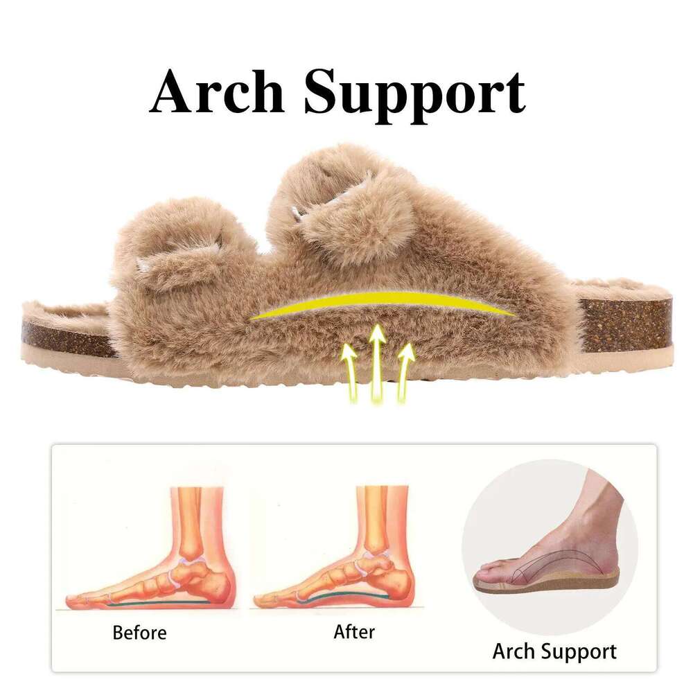 Kidmi Women's Fuzzy Footbed Fluffy Slide Sandals Classic Indoor House Shoes Fashion Cork Open Toe Women Slippers