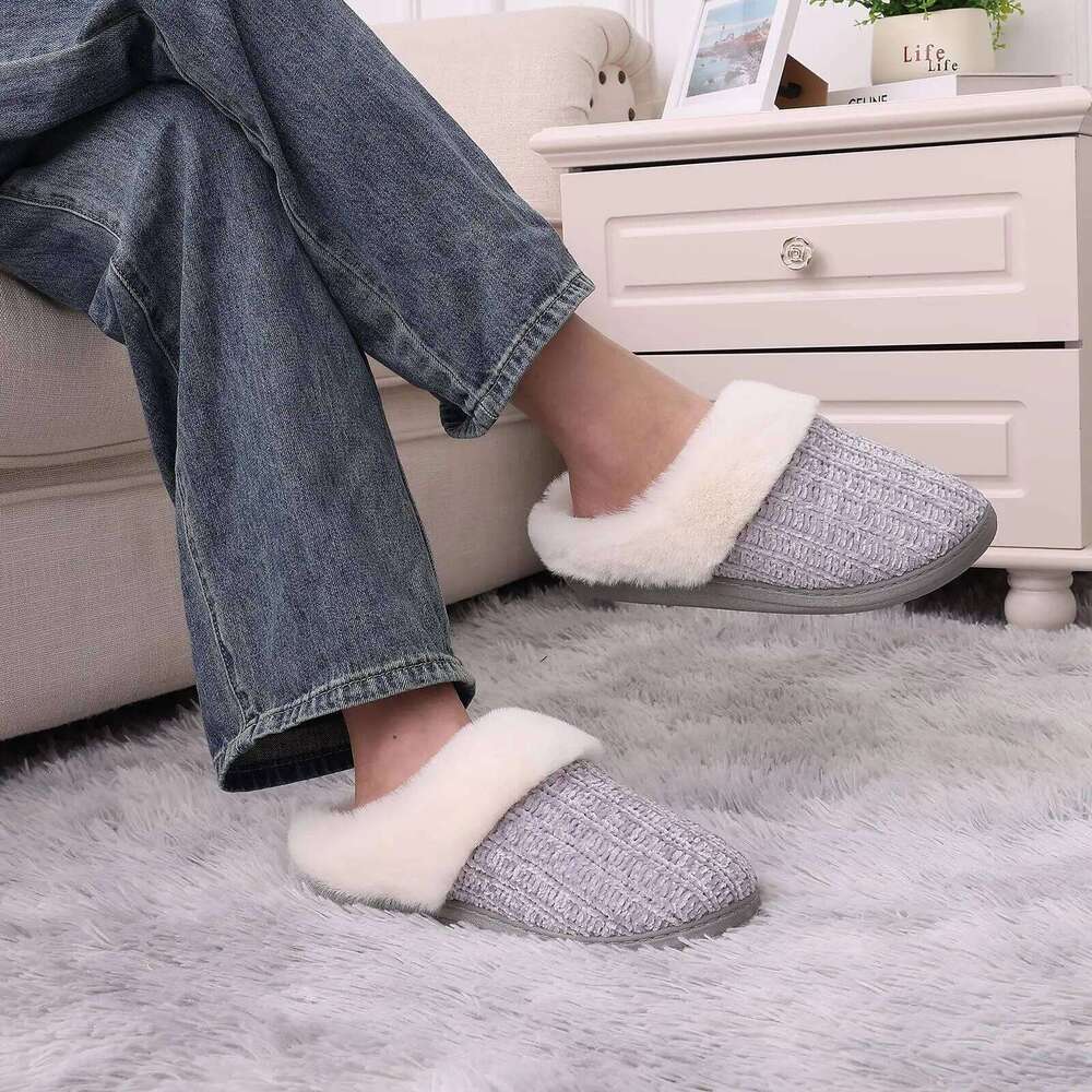 Kidmi Warm Knit Home for Women Comfortable Wool-Like Lined Chenille Slippers with Memory Foam Indoor Winter Fuzzy Shoes
