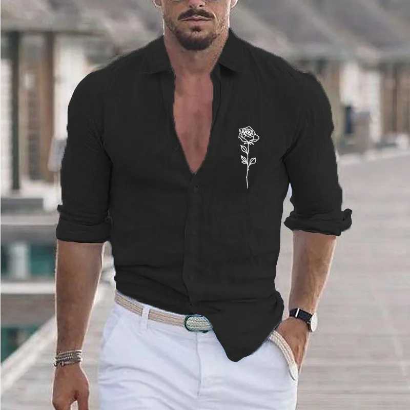 Shirt New Mens Summer Cotton And Linen Lapel Beach Shirt Long Sleeve Solid Color Hawaiian Holiday Clothing Rose Pattern Shirt M260305