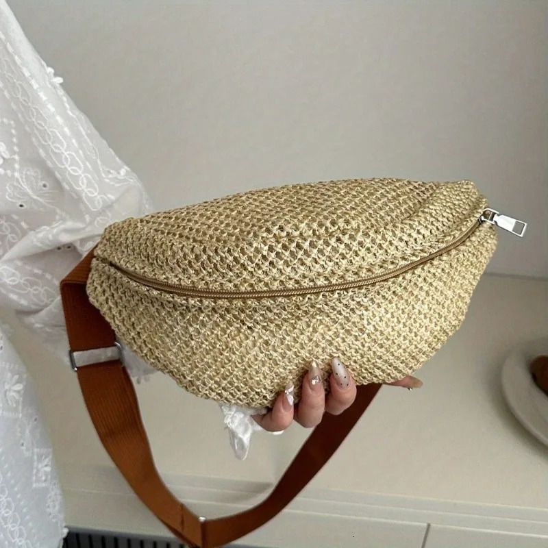 Woven Crossbody Bag Light Bohemian Waist Bag with Zipper Breathable Fabric Lining Golden Hardware Beige Brown Leather Bag 260303