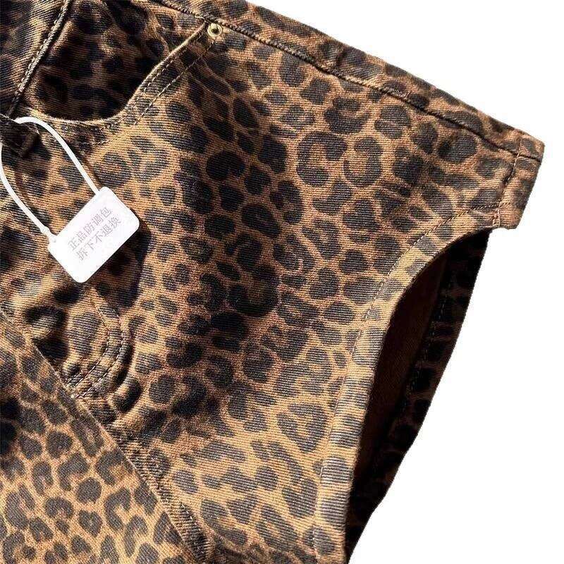 Summer 2025 New American Leopard Print High Waist Close-Fitting Women Denim Shorts Wide Feet Leakage Thigh Sexy Hot Pants XJ260305