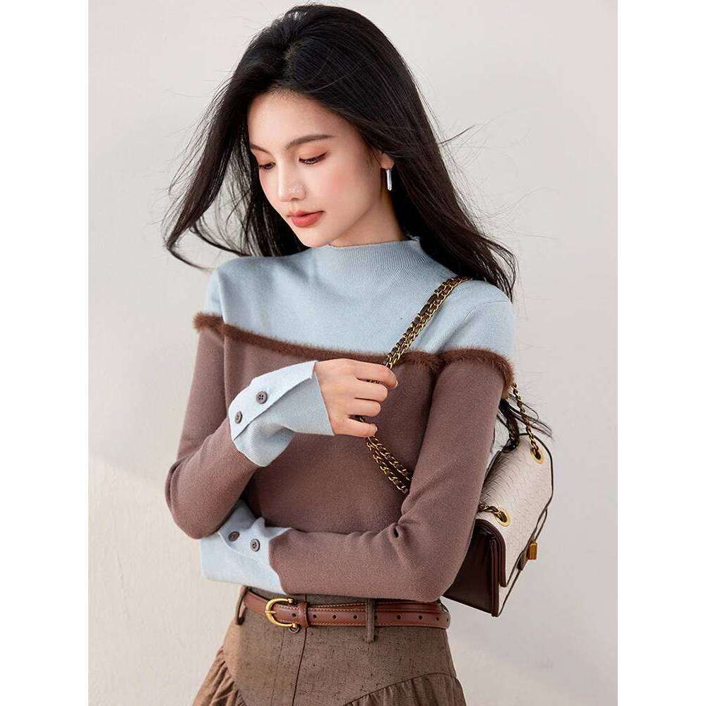 Half Turtleneck Colorblock Knitted Women's 2024 Autumn Winter New Long Sleeve Bottoming Solid Sweater Female Slim Tops XJ260305