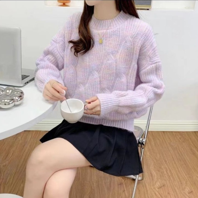 2025 Autumn Winter Rainbow Color Round Neck Cable Knit Sweater Women Pullover Loose Lazy Style Outerwear Knitted Top 240912