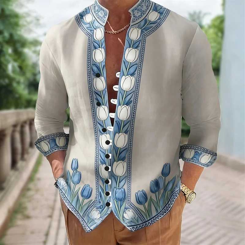 Flower pattern print fashionable mens long sleeved shirt loose top outdoor street casual and comfortable M260305