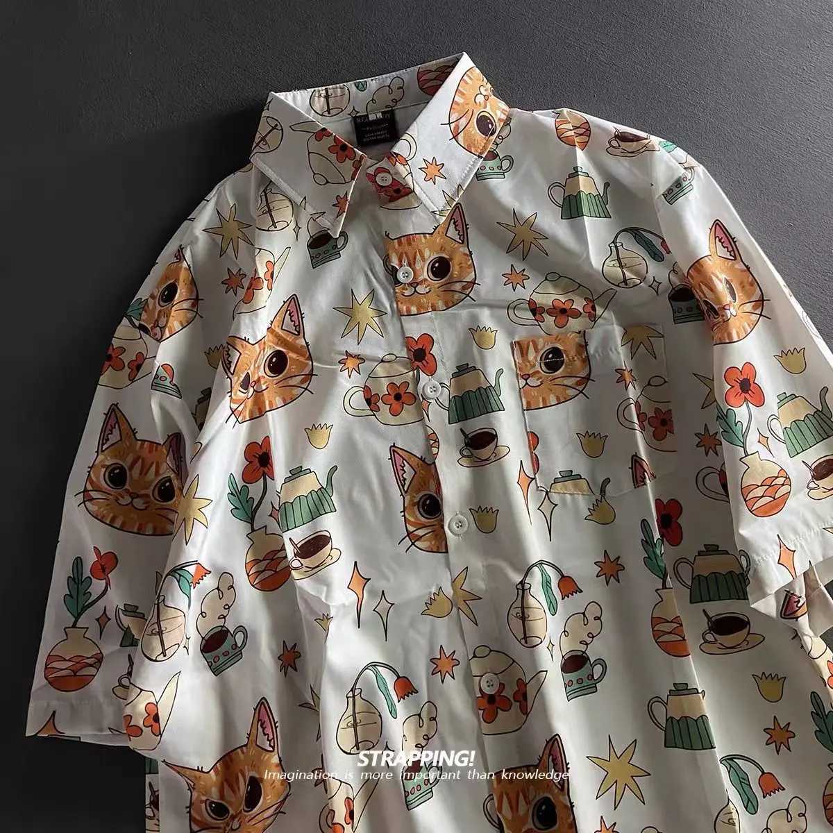 Boho Graffiti Cartoon Cat Full Print Ins Retro Short-sleeved Flower Lining Men and Women Hawaii Japanese Thai Beach Shirts 2024 M260305