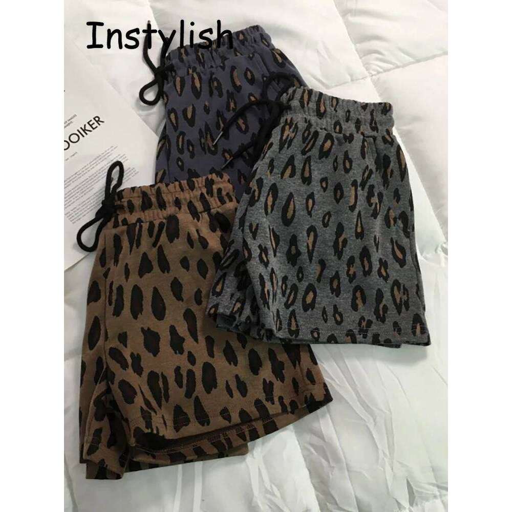 Vintage Harajuku Leopard Print Wide Leg Shorts Women Summer Korean Simple Chic Elastics Waist Drawstring Loose Short Pants 2022 XJ260305