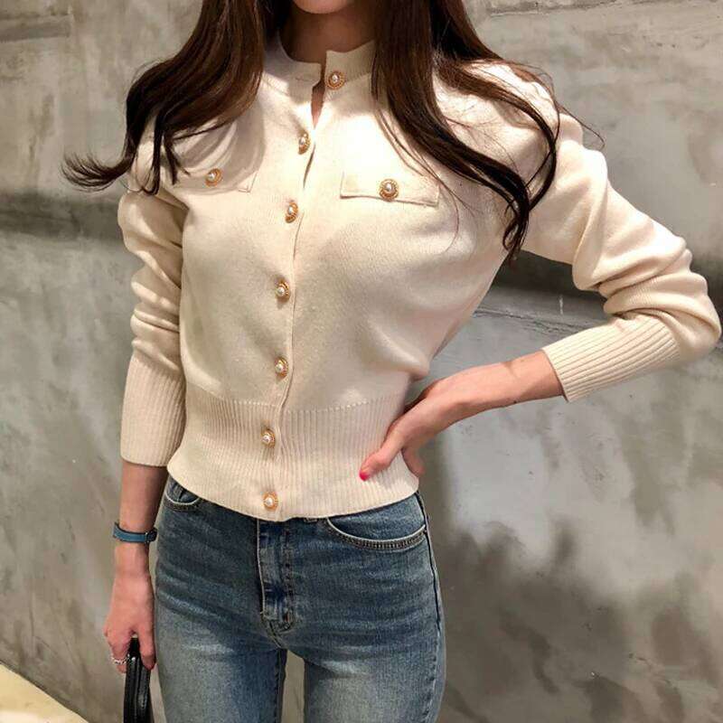 Knitted Cardigans Long Sleeve Stand Collar White Knit Sweater Cardigan Women Tops Sweaters Sueters De Mujer Q719 XJ260305