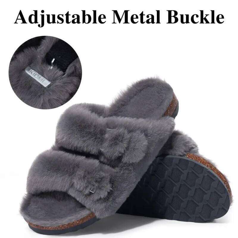 Kidmi Winter New Womens Slippers Arch Support Cork Insole Comfort Slides Fluffy Warm Women's Sandals With Adjustable Buckle