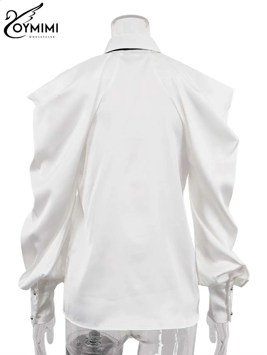 Oymimi Elegant White Patchwork Womens Shirt Fashion Lapel Long Sleeve Shirts Casual Necktie Off The Shoulder Button Blouses 260228