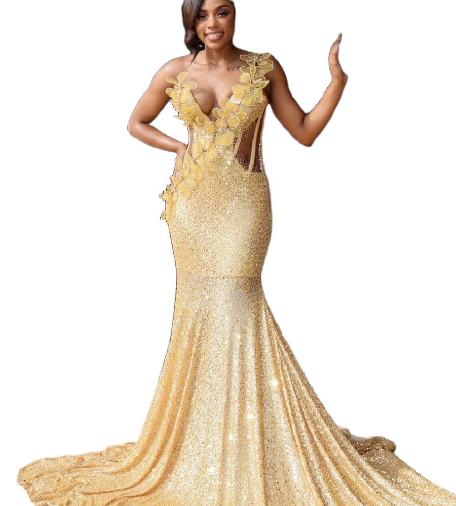 Luxury Gold Sequin Evening Dress With Florals Sparkly O Neck African Black Girls Prom Dress 2026 Plus Size Birthday Party Gowns Ceremony Formal Dress