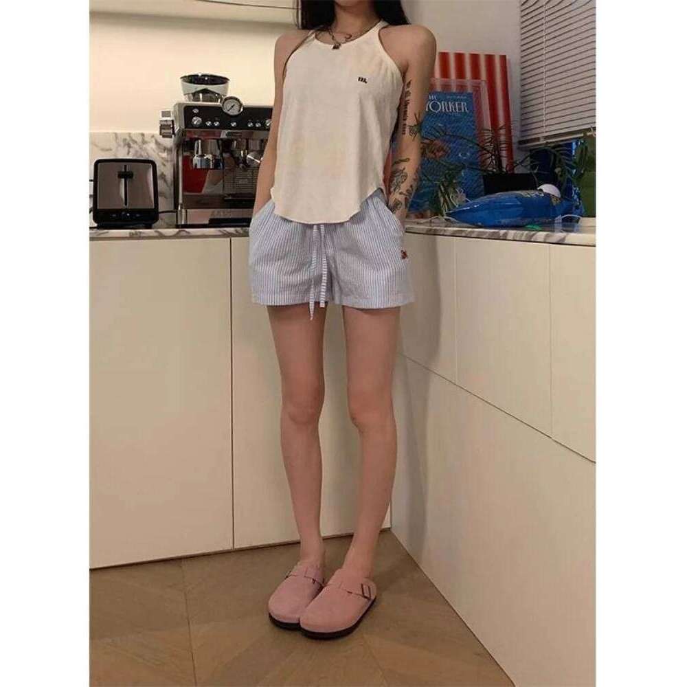 HOUZHOU Blue Striped Letter Embroidery Shorts Women Wide Leg Korean Fashion Short Pants Drawstring Baggy Casual Jorts Summer XJ260305