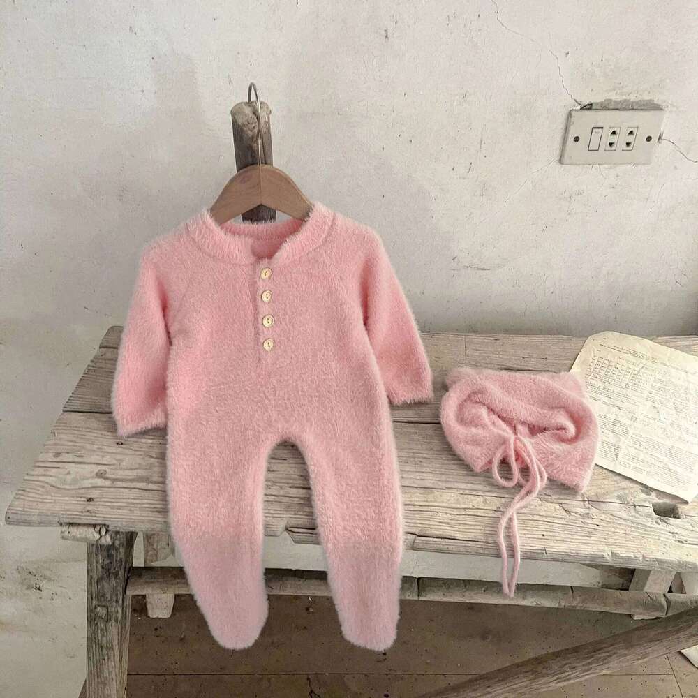 2025 Autumn Winter New in Kids Baby Girls Boys Cute Clothing Set , Toddler Infant Mink Fur Solid Color Footbinding Romper + Hat Z260304