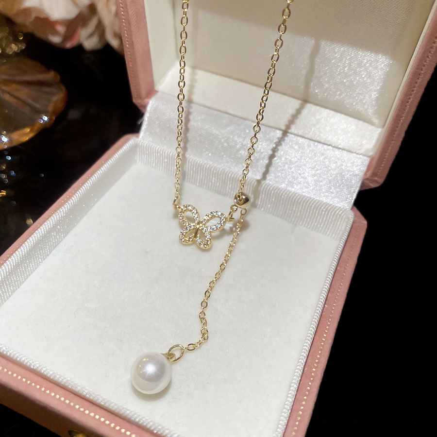 s925 sterling silver butterfly for women, full-diamond elegant best friend pendant, niche forest style shell bead collarbone chain necklace - view 6
