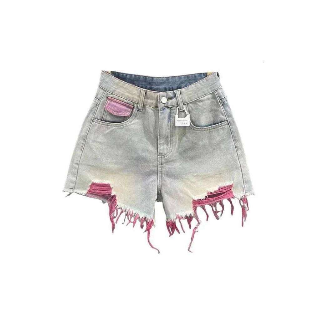 Korean Style Pink Hole Denim Women Summer New High Waist Raw Edge A-line Girls Shorts Fashion Niche Slim Hot Pants XJ260305