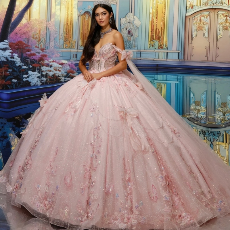 Pink Shiny Quinceanera Dresses Ball Gown Off The Shoulder Applique Flower Beading Crystal Bow Tull Corset Party Birthday Sweet 16 Dress Vestidos 15 De