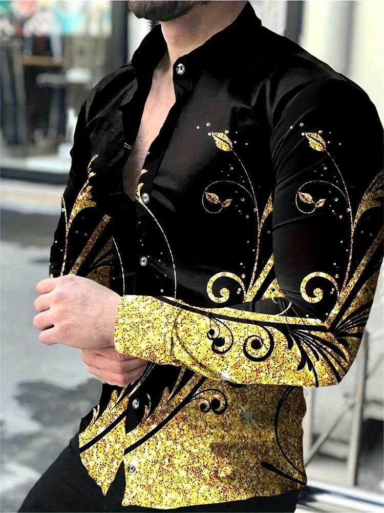 2025 New Hawaii Shirt Gold Pattern Shirt Mens Fashion Casual Shirt Long-sleeved Lapel Temperament Shirt Mens Clothing M260305