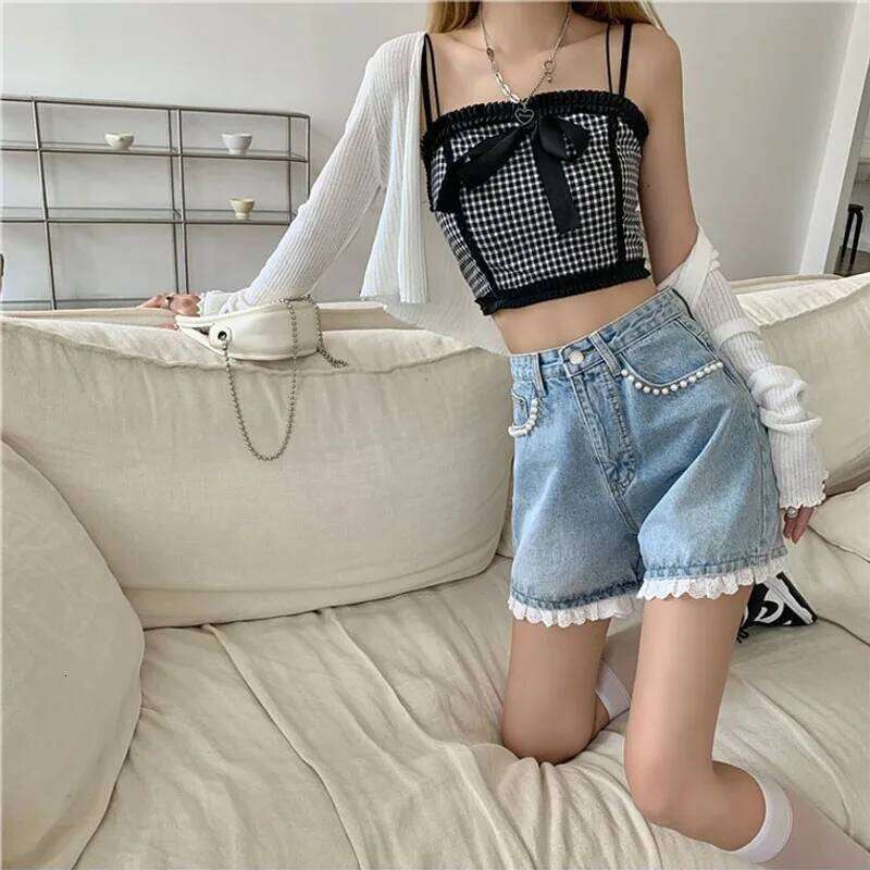 Summer Lace Trimmed Patchwork Women's Denim Short Pants 2025 High Waist Casual Loose thin Jeans Wide Leg Shorts Retro for Women XJ260305