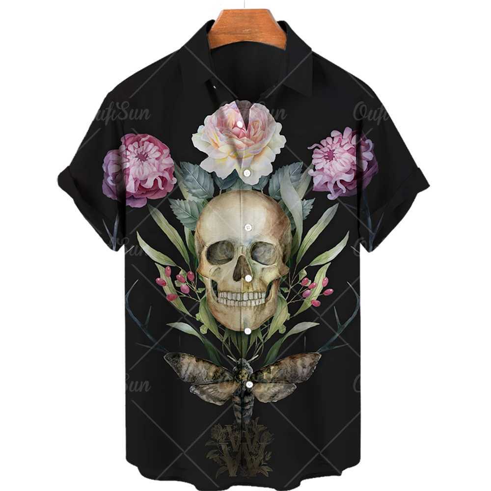 2024 Fashion Mens Short Sleeve 3d Skull Print Hawaiian Shirts Summer Casual Tops Beach Shirts For Men 5xl Mens V-neck Shirt M260305