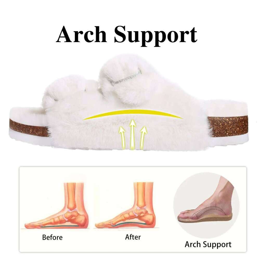 Kidmi New Fashion For Women Indoor Fluffy Slippers With Adjustable Metal Buckle Arch Support Comfort Cork Insole Slides