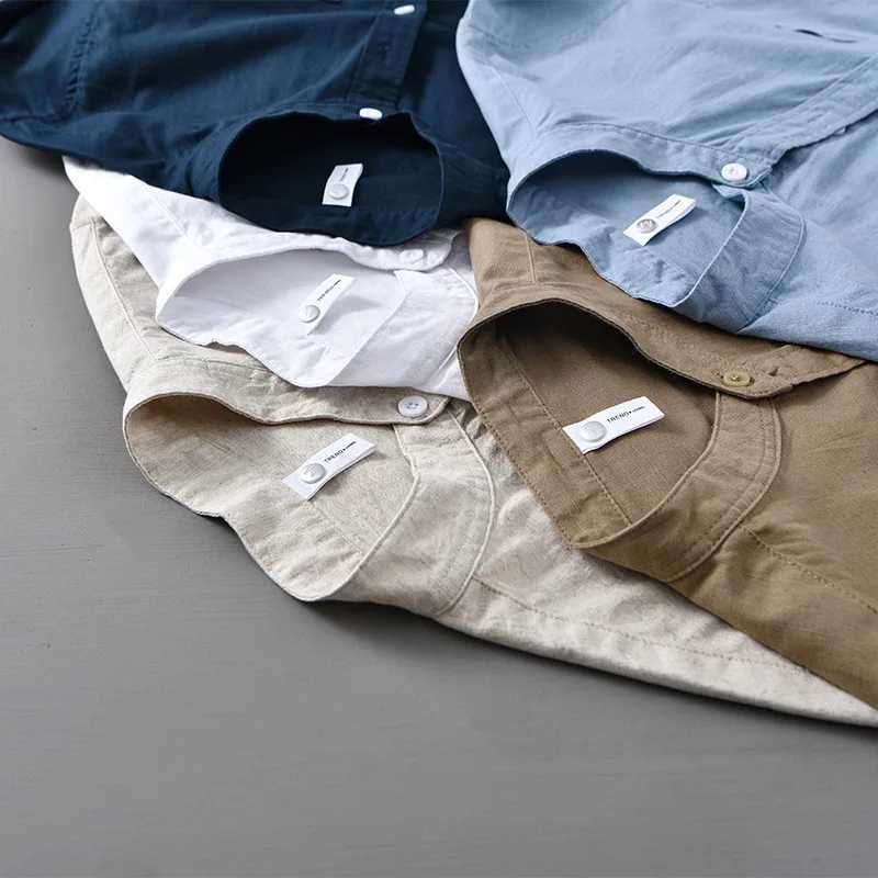 Cotton Linen Shirt Japanese Style Mandarin Collar Long Sleeve Casual Loose Fit Button-Up Shirt Mens Retro Camping Fishing M260305