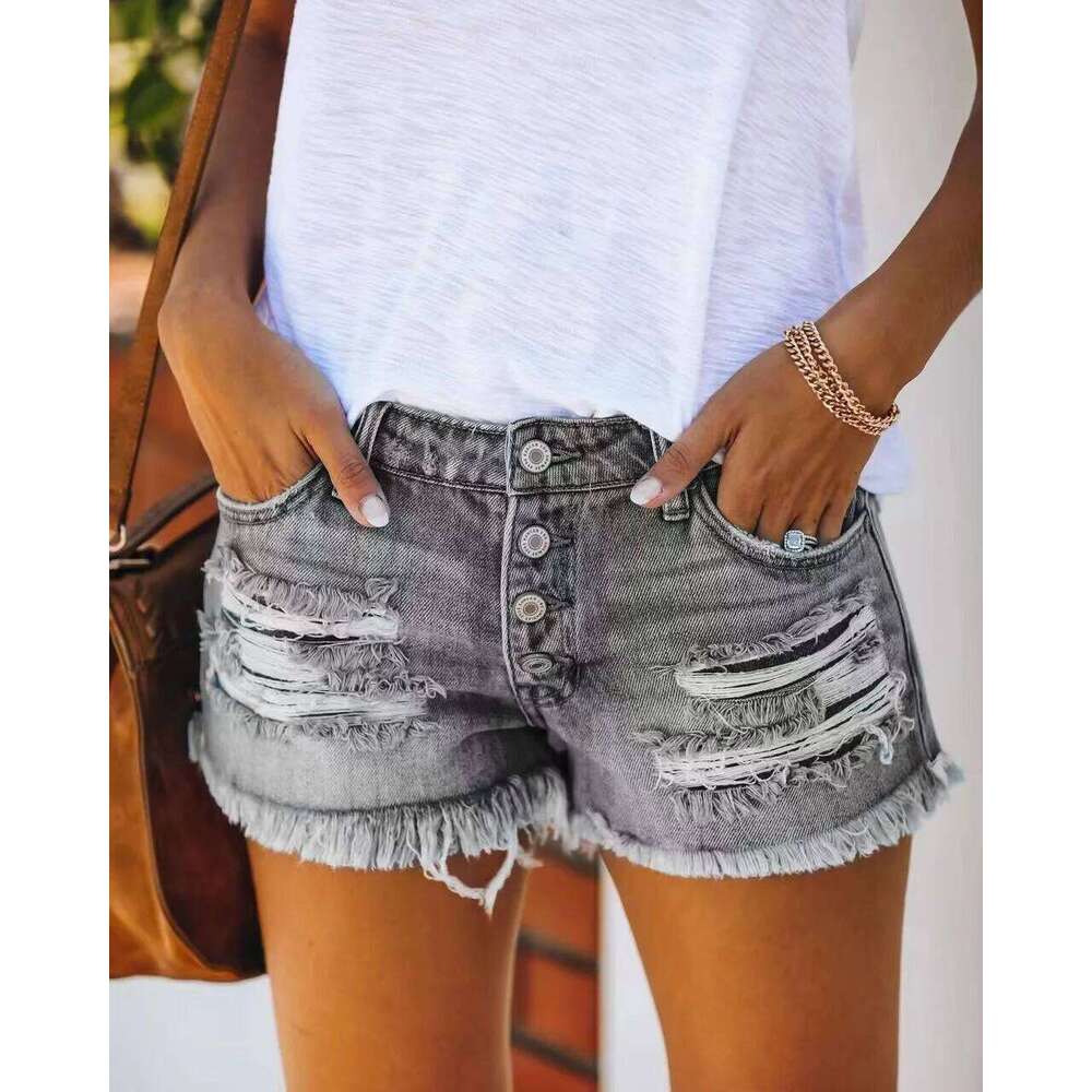 Ripped Fringed Denim Shorts Straight-breasted Women's Hot Pants 2025 Europe and America XJ260305
