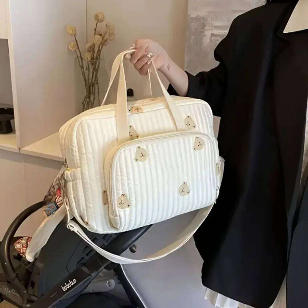 Nylon Crossbody Chic Bear & Tulip Embroidered Diaper Bag with Stroller Clip for Youngsters Travel Essentials Z260304
