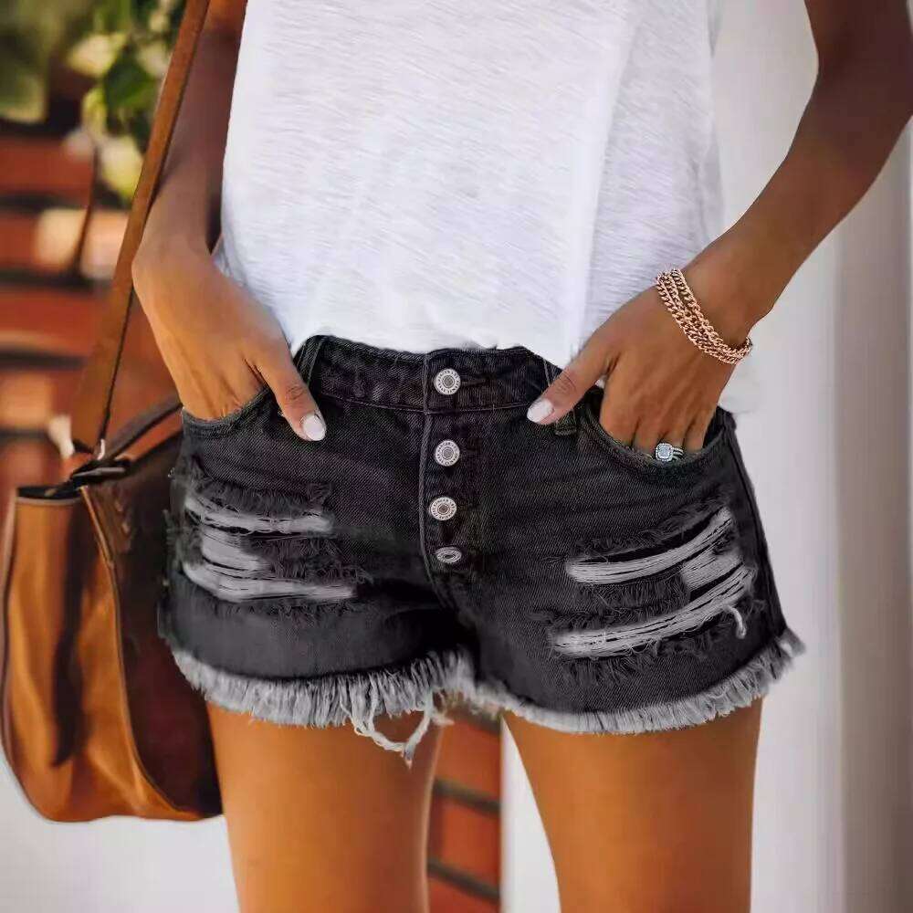 Ripped Fringed Denim Shorts Straight-breasted Women's Hot Pants 2025 Europe and America XJ260305