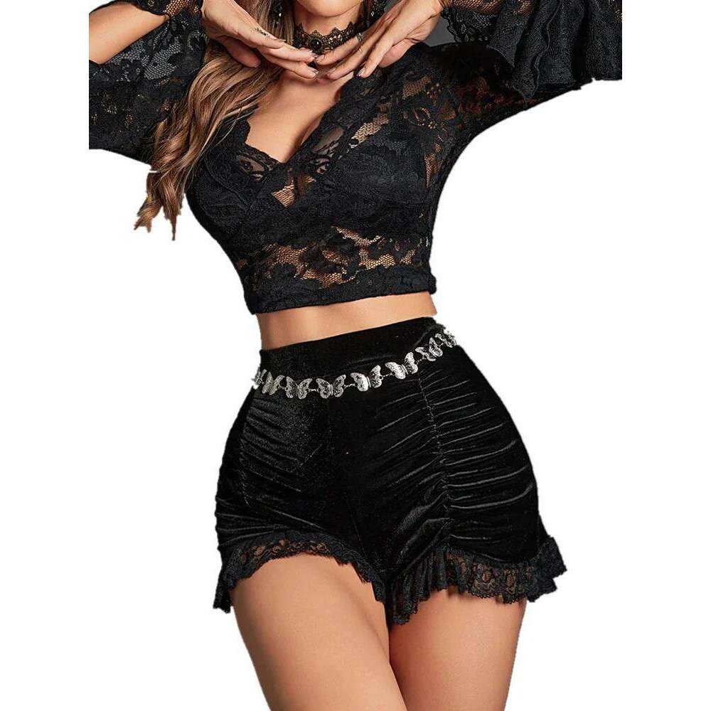 Goth Velvet Ruched Black Shorts Pants Gothic Mall Women High Waist Sexy Girl Grunge Skinny Bottoms Lace Hem Alt Clothes Short XJ260305