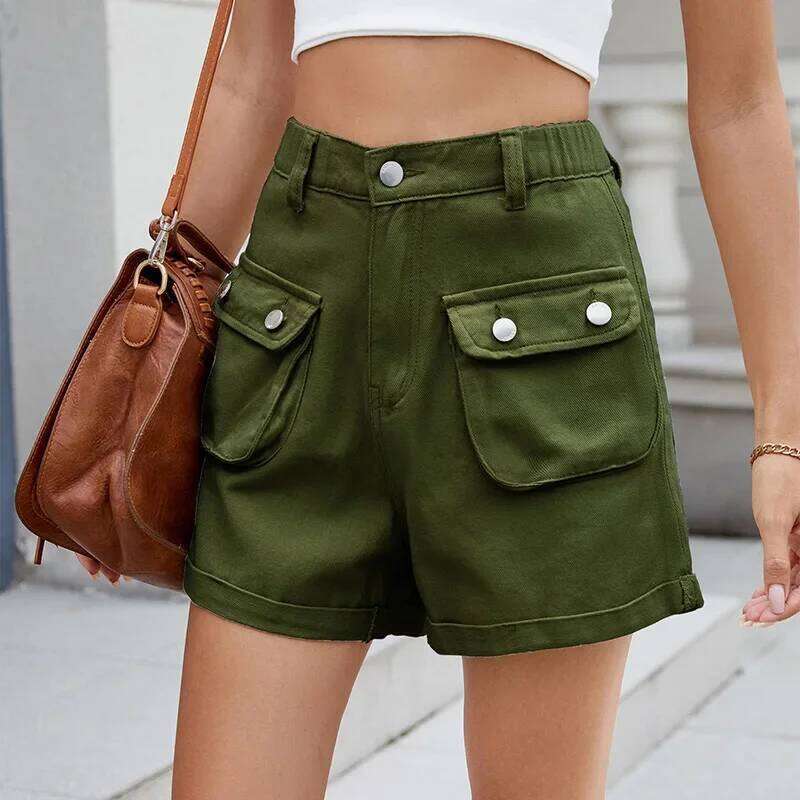 Flap Pocket Cargo Denim Women's Summer High Elastic Waist Matching Casual Rolled Hem Straight Shorts Jeans XJ260305
