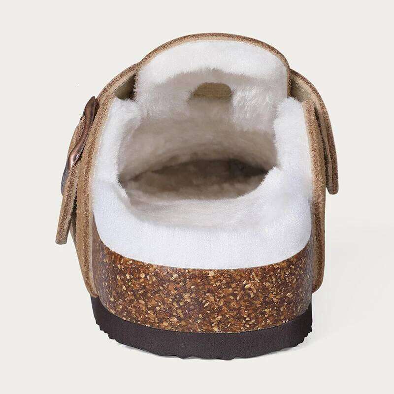 Kidmi Women's Slippers with Adjustable Metal Buckle Fashion Fur Lined Suede Clogs Cork Footbed Mules Slip On Winter Potato Shoes