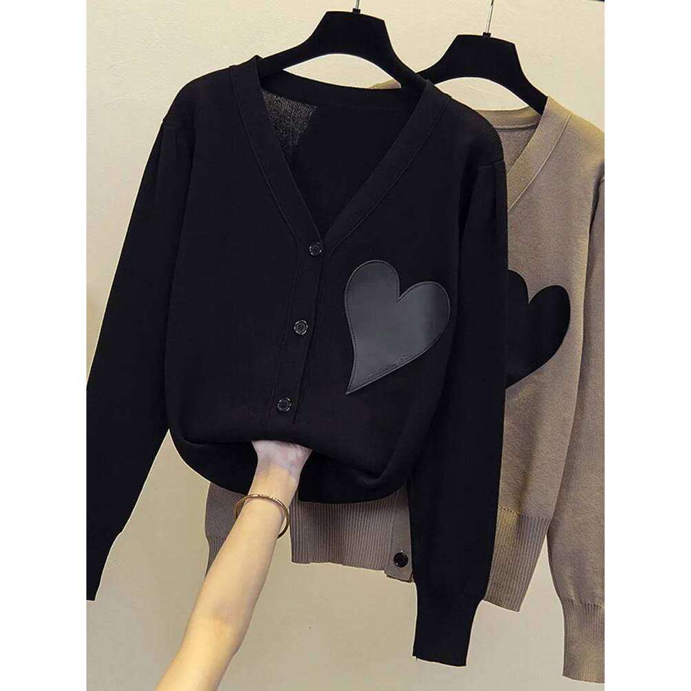 Love V-neck Knit Cardigan Sweater Women Oversized Tops Knitwear Autumn Winter Long Sleeve Double-breasted Elegant Jumpers XJ260305