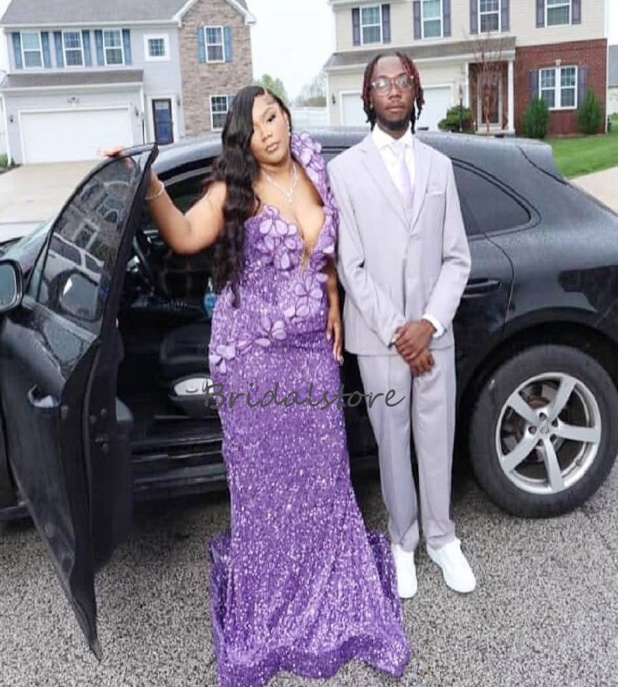 Sparkly Purple Sequin Evening Dress For Nigeria Women Elegant Large Size Mermaid Prom Dress Black Girls Birthday Formal Party Dress Night Vestio De Fi