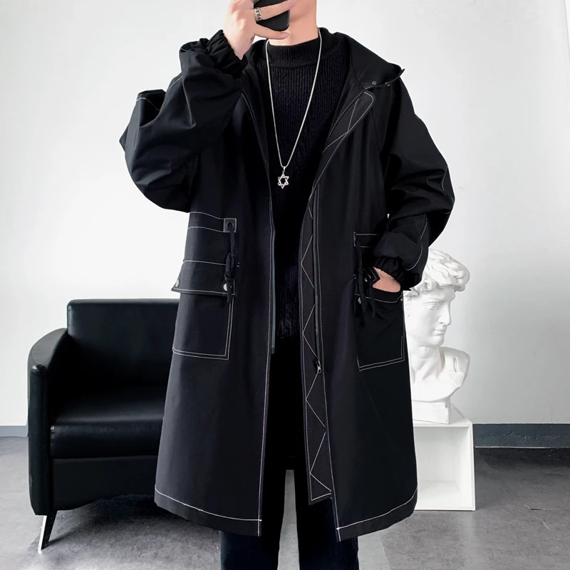 Autumn Men Korean Style Trench Fashion Solid Color Casual Long Coat Male Streetwear Loose Windbreaker Fleece Overcoat 260302