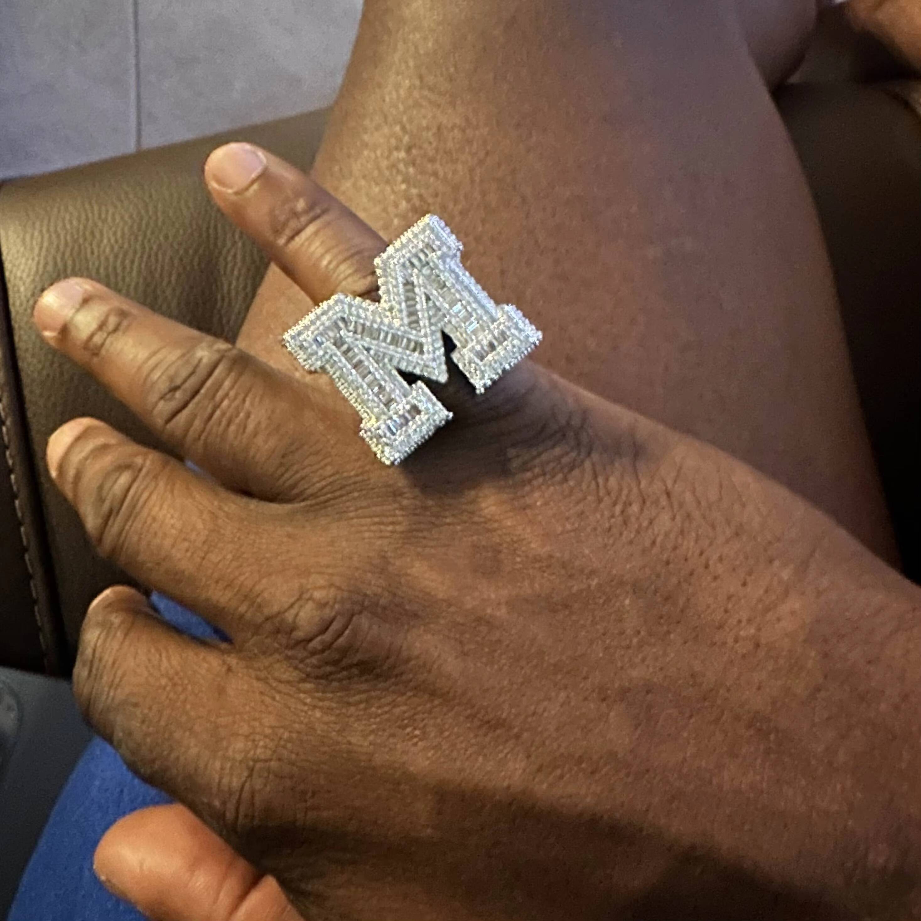 Iced Out Hiphop M Letter Micro Pave Baguette White MoissaniteVVS Gold Plated Ring Fine Jewelry for Men