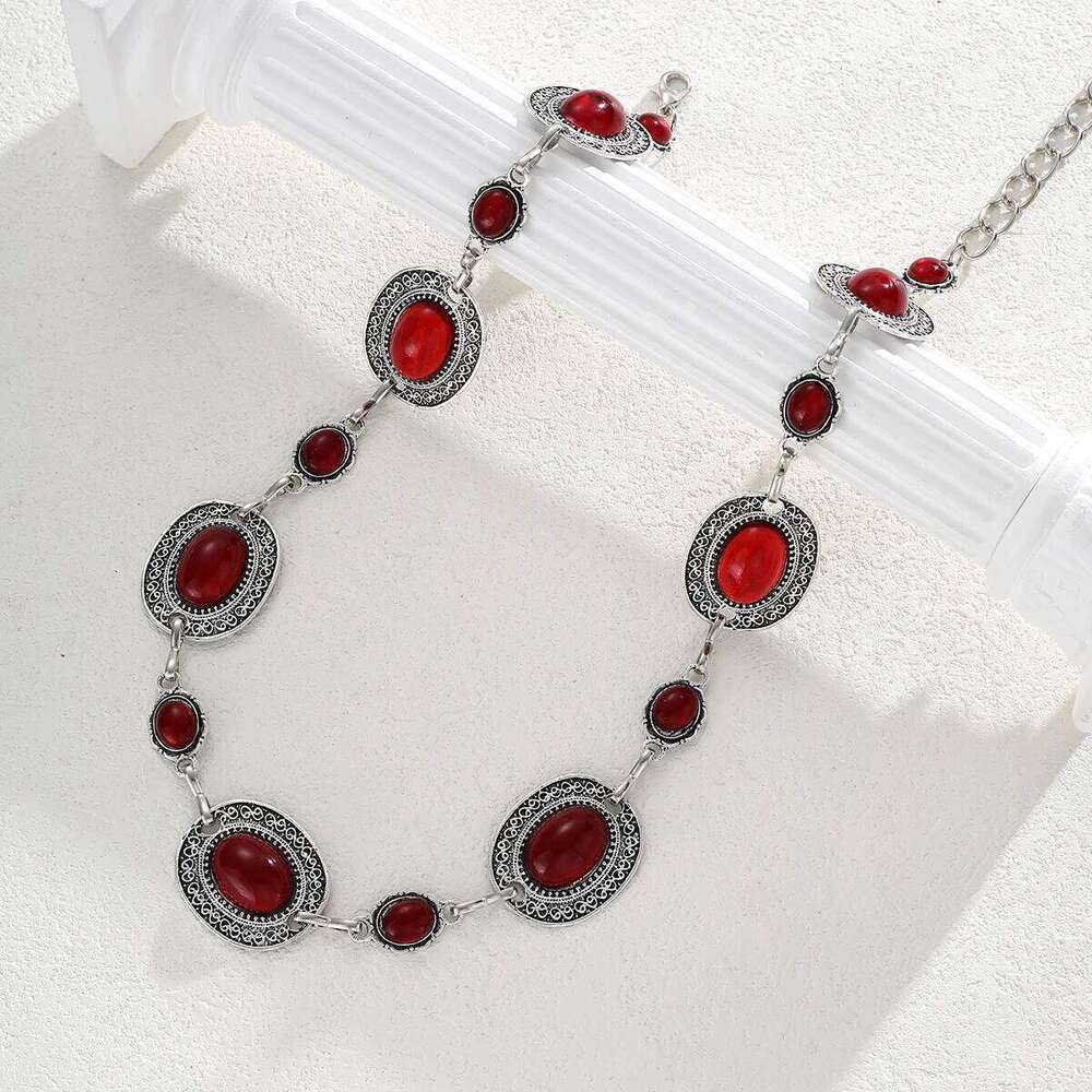 Fashion Oval Wine Red Crystal Metal Waist for Women Retro Exquisite Silver Color Belt Chain French Style Body Jewelry Gift S260304