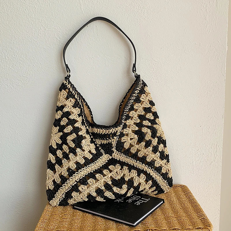 Womens Woven Straw Shoulder Bag Medium Size Handbag With Handle For Beach Vacation 260303