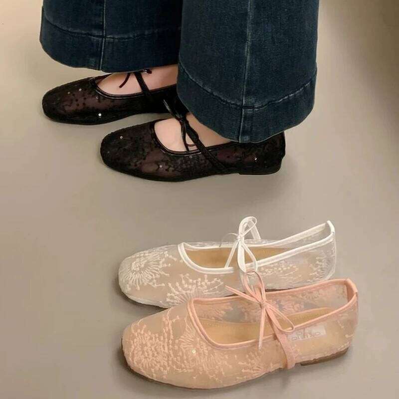 2025 Women Spring Summer Ballet Flat Shoes Breathable Mesh Embroidery Fashion Flats Lovely Bow Knot Female Daily Walking Sandals