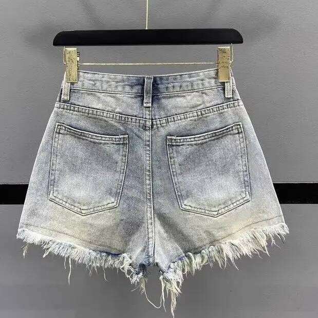 2025 New Summer Retro Straight Thin Shorts Women's Clothing Light-colored Ripped Tassel Rough Edge Denim Short Femme Jeans XJ260305